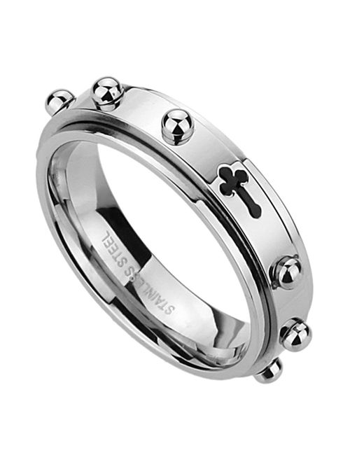Double Accent 6MM Stainless Steel Cross Rosary Spinner Praying Ring