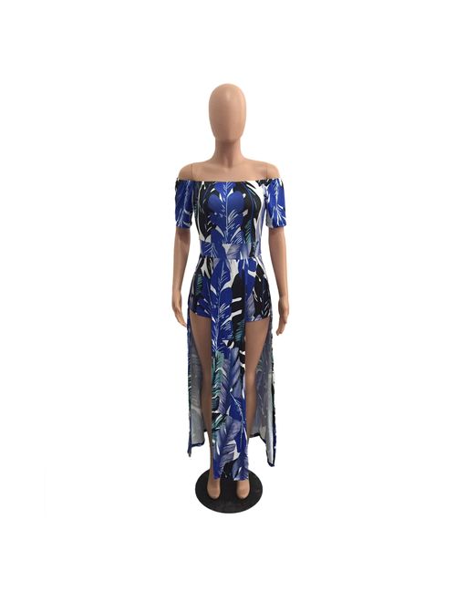 Romper Split Maxi Dress High Elasticity Floral Print Short Jumpsuit Overlay Skirt for Summmer Party Beach S-5X