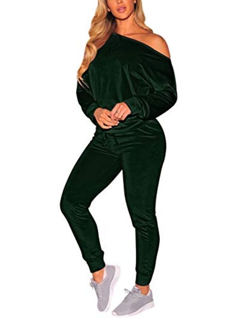 Buy VamJump Women Velvet Off Shoulder Sweatshirt Jogger Pants Two Piece ...