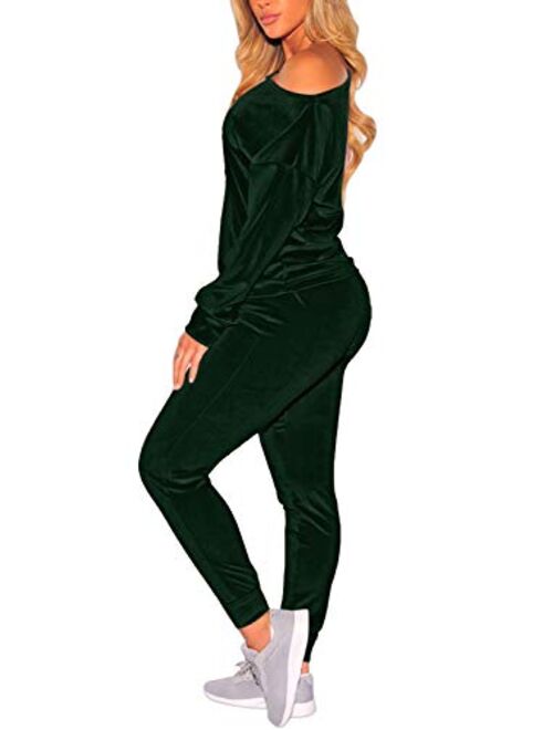 Buy VamJump Women Velvet Off Shoulder Sweatshirt Jogger Pants Two Piece ...