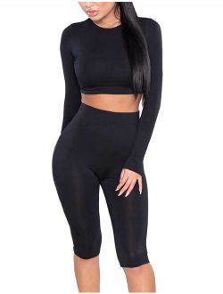Amilia Womens Sexy Long Sleeve Crop Tops High Waist Leggings 2 Piece Bodycon Set Casual Outfit Tracksuit