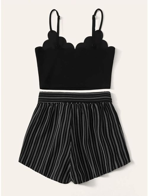 MAKEMECHIC Women's 2 Piece Outfit Summer Striped V Neck Crop Cami Top with Shorts