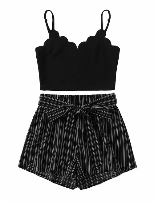 MAKEMECHIC Women's 2 Piece Outfit Summer Striped V Neck Crop Cami Top with Shorts
