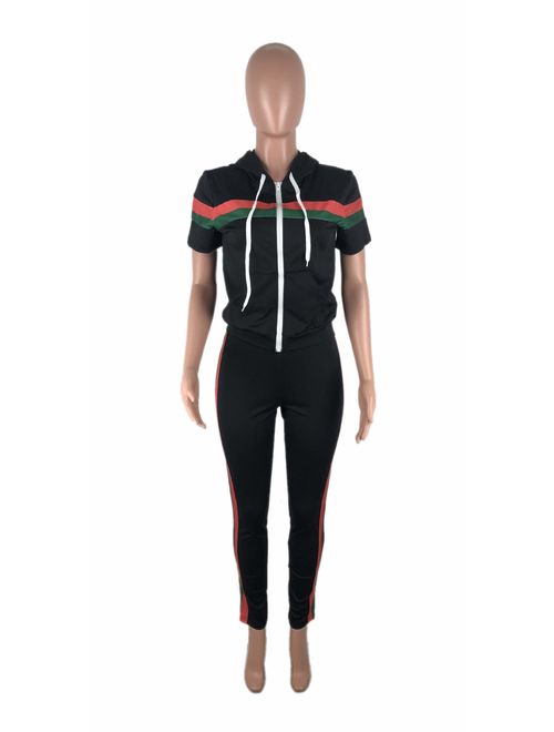 LKOUS Women's Stripe 2 Pieces Outfits Long Sleeve Hoodies Sweatshirt Shirt Tops and Bodycon Long Pant Tracksuit Set Plus Size