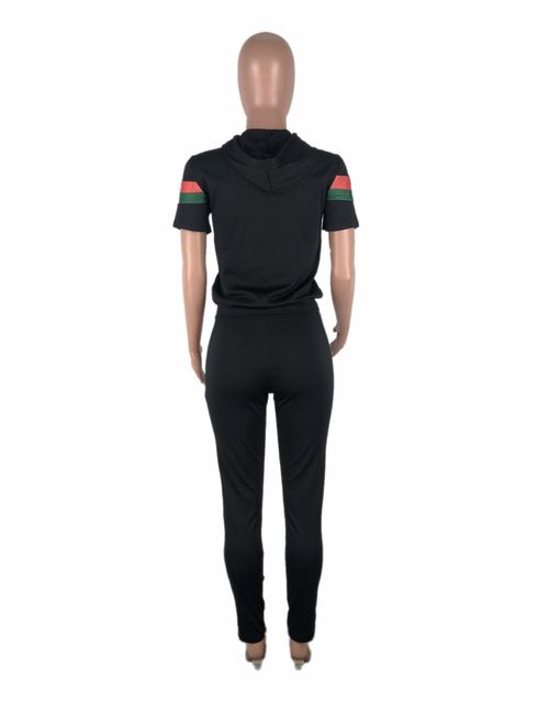 LKOUS Women's Stripe 2 Pieces Outfits Long Sleeve Hoodies Sweatshirt Shirt Tops and Bodycon Long Pant Tracksuit Set Plus Size