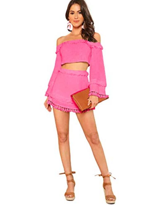 SheIn Women's 2 Piece Outfit Fringe Trim Crop Top Skirt Set