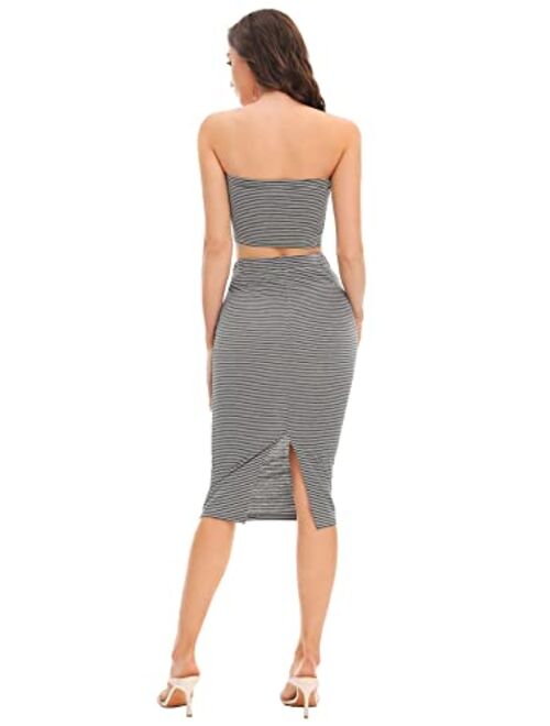 SheIn Women's 2 Pieces Striped Crop Bandeau Top and Split Skirt Cotton Set