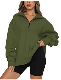 SAFRISIOR Womens Oversized Half Zip Sweatshirt Drop Shoulder Long Sleeves Collar Quarter 1/4 Zipper Pullover