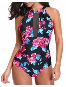 Women One Piece Swimsuit High Neck Plunge Mesh Ruched Monokini Swimwear
