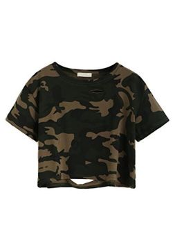 Tshirt Camo Print Distressed Crop T-Shirt