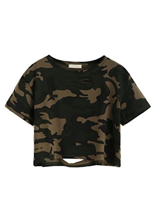 SweatyRocks Tshirt Camo Print Distressed Crop T-Shirt