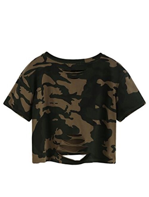 SweatyRocks Tshirt Camo Print Distressed Crop T-Shirt