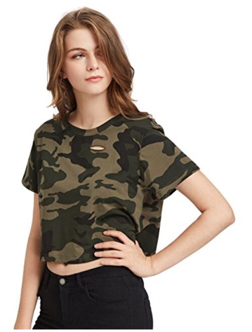 SweatyRocks Tshirt Camo Print Distressed Crop T-Shirt