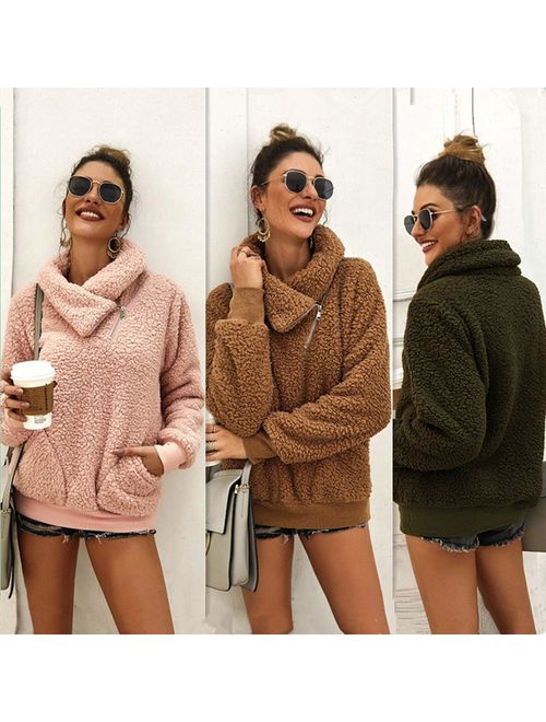 KIRUNDO 2019 Women's Winter Lapel Sweatshirt Faux Shearling Shaggy Warm Leopard Pullover Zipped Up with Pockets Outwear