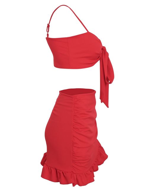 Glamaker Women's Sexy 2 Pieces Dress Set V Neck Strap Tops Mini Skirts Ruffles