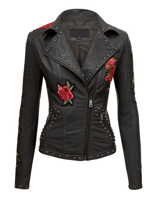 Made By Johnny MBJ Womens Faux Leather Zip Up Moto Biker Jacket with Stitching Detail