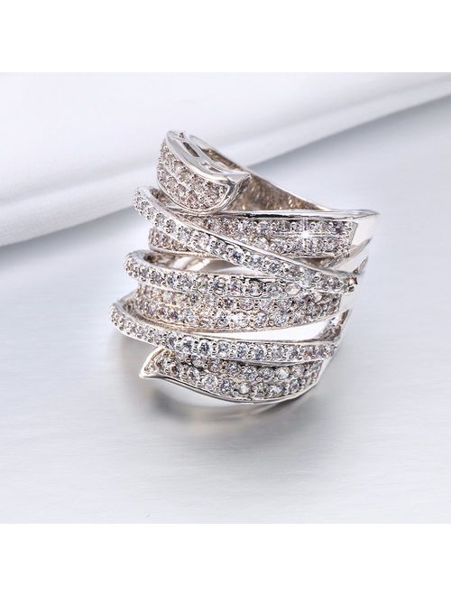 Delicin Jewelry Rhodium Plated Cubic Zirconia Wide Band Cocktail Ring