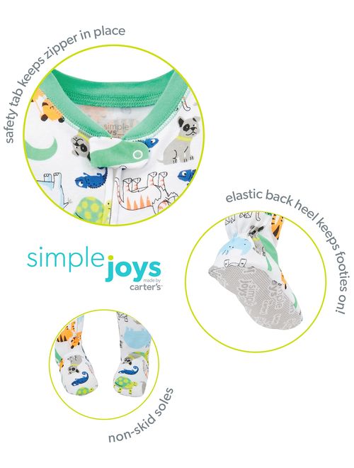 Simple Joys by Carters Girls 3-Pack Loose Fit Flame Resistant Polyester Jersey Footed Pajamas