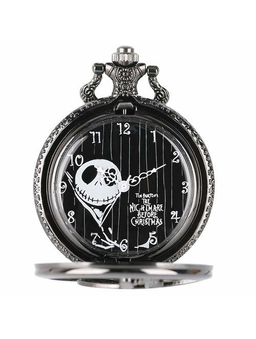 Vintage Black Nightmare Before Christmas Quartz Pocket Watch with Chain, Men Women Pocket Watch with Box for Christmas Gift