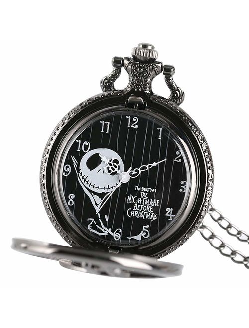 Vintage Black Nightmare Before Christmas Quartz Pocket Watch with Chain, Men Women Pocket Watch with Box for Christmas Gift
