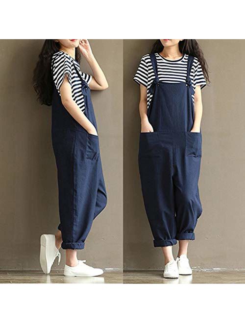 WAWAYA Womens Casual Pants Loose Cotton Linen Solid Plus Size Overalls 