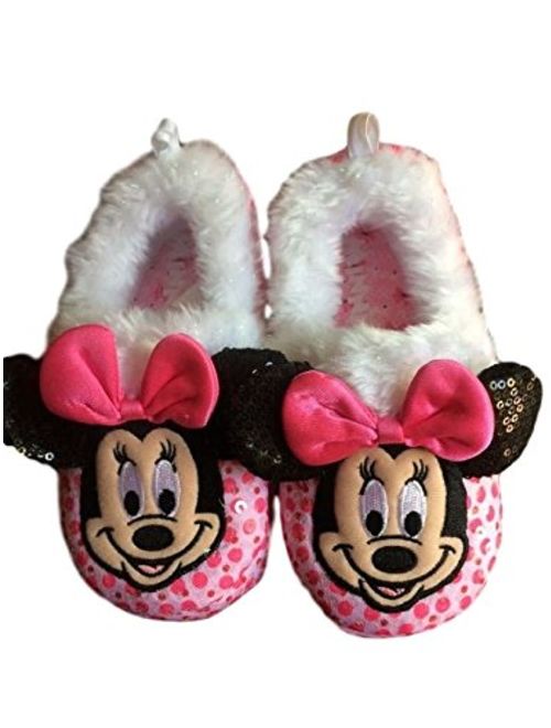 Minnie Toddler Girls Slipper Pink Sequins Faux Fur Cuff 3D Accents Slip On