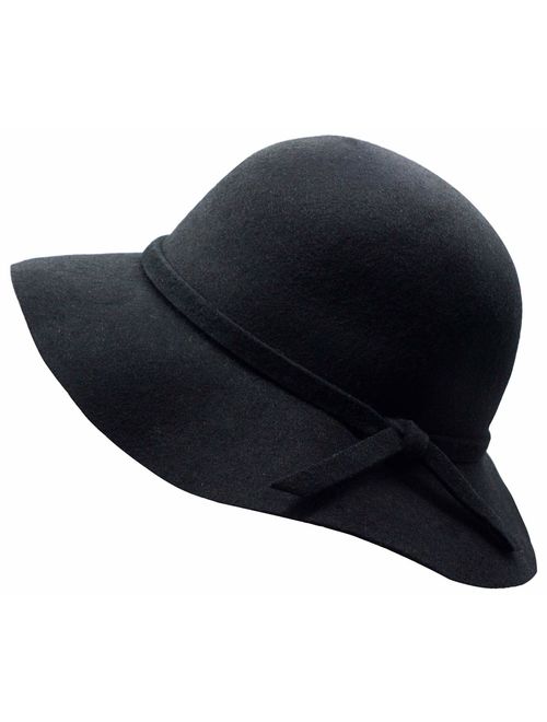 Kids Girl's Vintage Dome 100% Wool Felt Bowler Cap Floppy Hat Bow