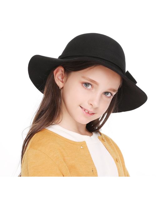 Kids Girls Vintage Wool Felt Dome Fedoras Bowler Cap Floppy Hat Wide Brim Sun Hat