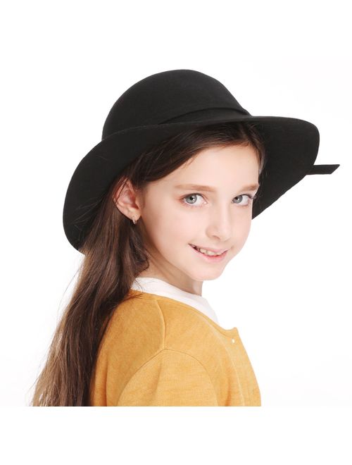 Kids Girls Vintage Wool Felt Dome Fedoras Bowler Cap Floppy Hat Wide Brim Sun Hat