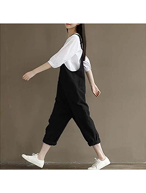 Women's Casual Cotton Linen Plus Size Overalls Baggy Wide Leg Loose Rompers Jumpsuit