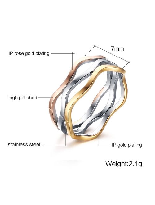 VNOX Womens Girls Stainless Steel Tri-Color Wave Band Ring for Wedding Promise Engagement