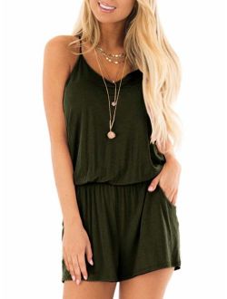 Womens Summer Loose V Neck Spaghetti Strap Short Jumpsuit Rompers