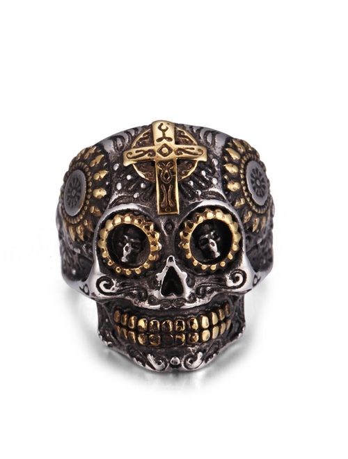 AUMRET Halloween Skull Stainless Steel Simulated Silver Gothic Cross Ring
