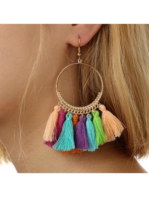 9 Pairs Tassel Hoop Earrings for Women Colorful Fan Shape Drop Earrings Statement Earrings for Women Girls Daily Wear Fashion Jewelry Valentine Birthday Christmas Gifts
