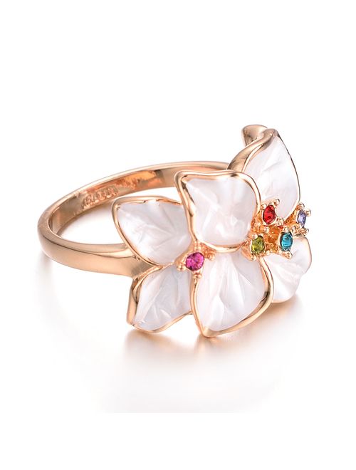Yoursfs Enamel Flower Ring for Women Rose Gold Plated White Petal Colorful Crystal Decorative Ring Wedding Ring