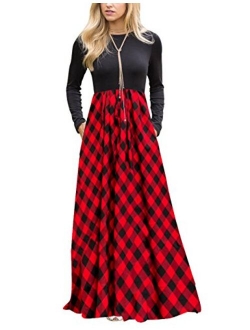 Women's Plaid Long Sleeve Empire Waist Full Length Maxi Dress with Pockets