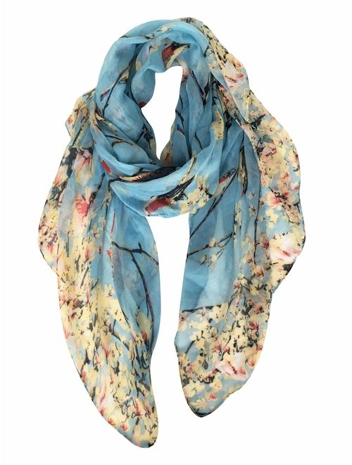 GERINLY Scarfs for Women Lightweight Floral Birds Print Shawl Wraps Holiday Scarf Gift