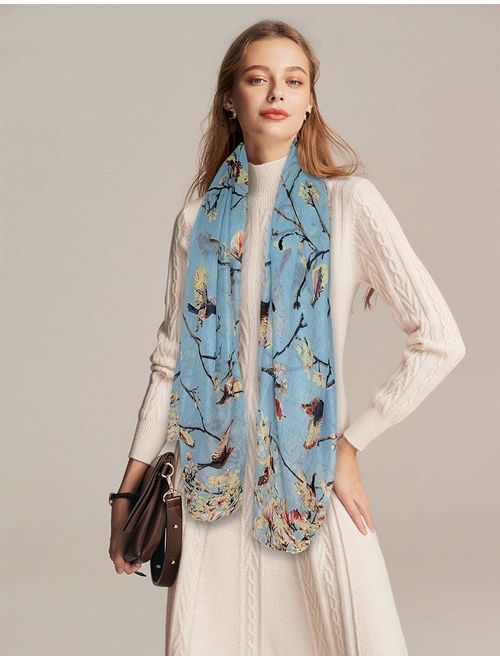GERINLY Scarfs for Women Lightweight Floral Birds Print Shawl Wraps Holiday Scarf Gift