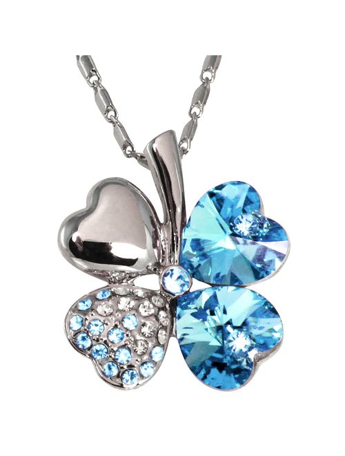 Dahlia Four Leaf Clover Necklace with Swarovski Crystals, Rhodium Plated, 16" with 2" Extender