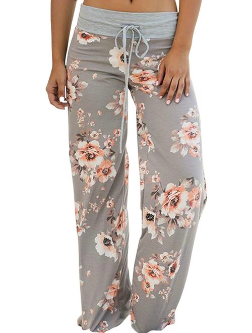 Elsofer Women's Pajama Lounge Pants Floral Print Comfy Casual Stretch Palazzo Drawstring Pj Bottoms Pants Wide Leg