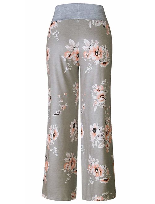 Elsofer Women's Pajama Lounge Pants Floral Print Comfy Casual Stretch Palazzo Drawstring Pj Bottoms Pants Wide Leg