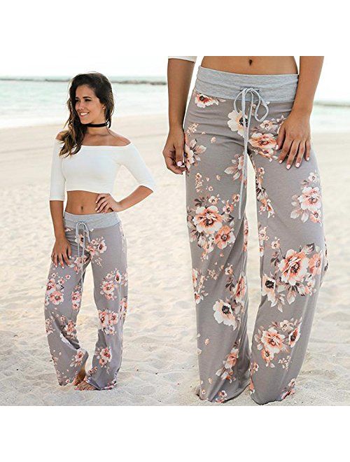 Elsofer Women's Pajama Lounge Pants Floral Print Comfy Casual Stretch Palazzo Drawstring Pj Bottoms Pants Wide Leg