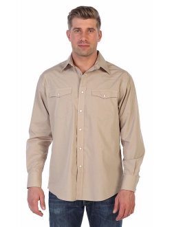 Men's Solid Long Sleeve Western Shirt with Pearl Snap-on Buttons