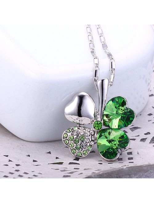 Merdia Four Leaf Clover Heart-Shaped Crystal Pendant Necklace 16