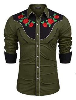 Men's Embroidered Rose Design Western Shirt Long Sleeve Button Down Shirt