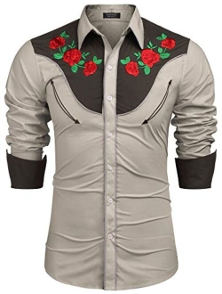 Men's Embroidered Rose Design Western Shirt Long Sleeve Button Down Shirt