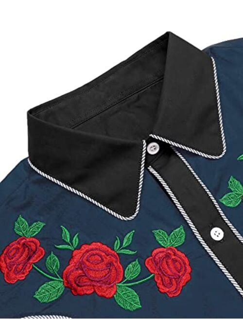 COOFANDY Men's Embroidered Rose Design Western Shirt Long Sleeve Button Down Shirt