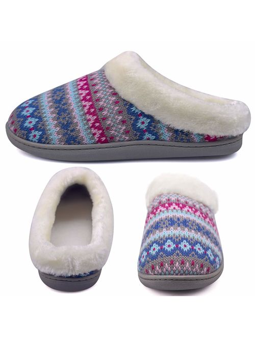 HOSWO Mens & Womens Slippers Comfort Slip On Memory Foam Anti-Slip Sole Indoor & Outdoor Cozy Fuzzy Wool Fleece knitted Winter House Shoes