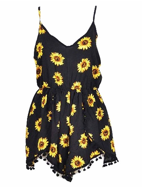 Relipop Women Summer Floral Romper Casual Spaghetti Strap Sleeveless Party Evening Mini Short Jumpsuit