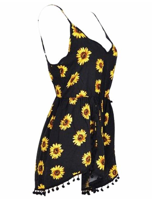 Relipop Women Summer Floral Romper Casual Spaghetti Strap Sleeveless Party Evening Mini Short Jumpsuit
